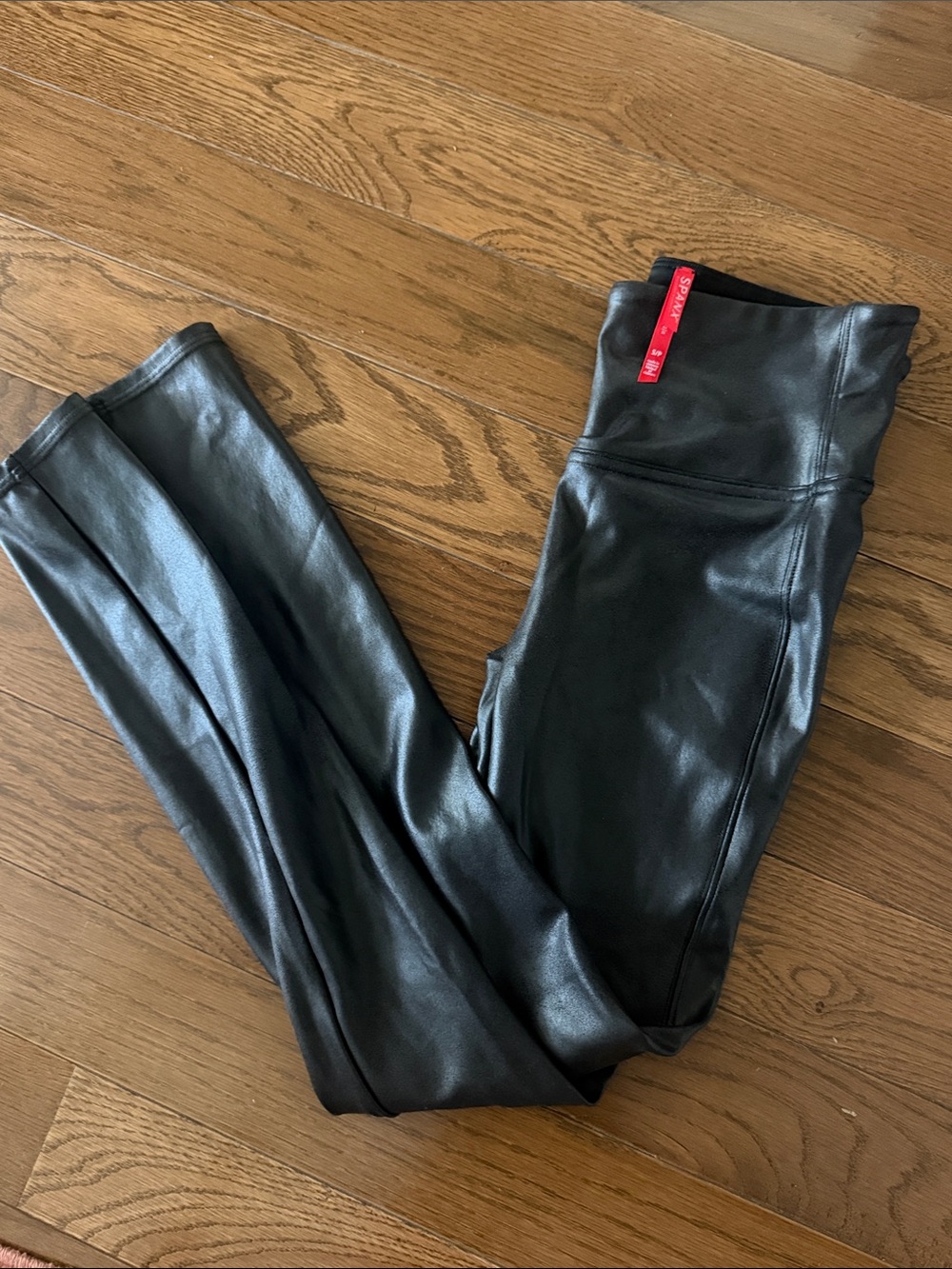 SPANX Black Faux-Leather Leggings with Red Logo Tag